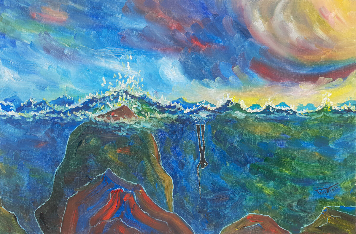 Это картина, написанная после одной из подводных охот. Масло-холст, 40х60 см.