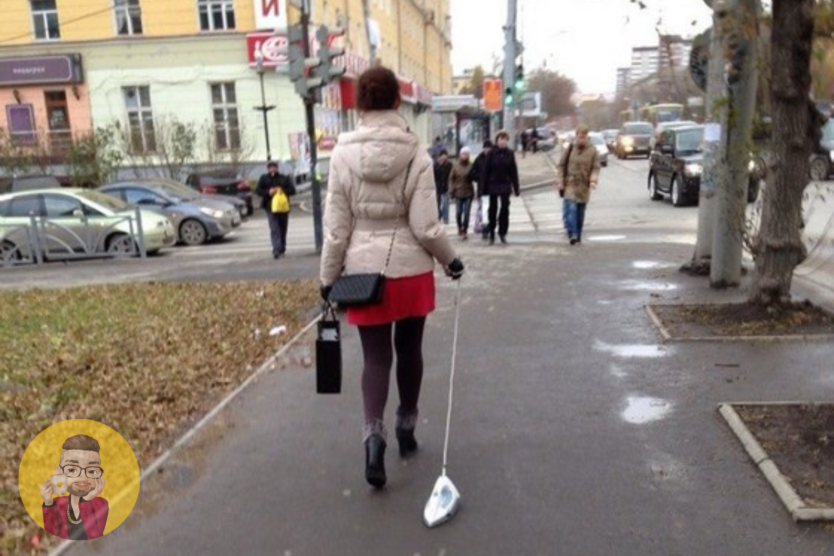 Гуляет с виброяйцом. Выгуливает утюг. Женщина с курицей на поводке. Бабка на поводке. Утюг на поводке