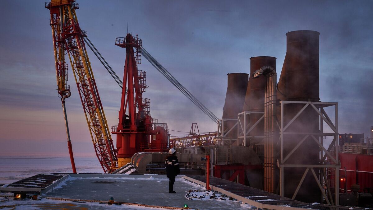    Вид на устройство загрузки нефти в танкер морской нефтеперерабатывающей платформы с вертолетной площадки© РИА Новости / Алексей Даничев