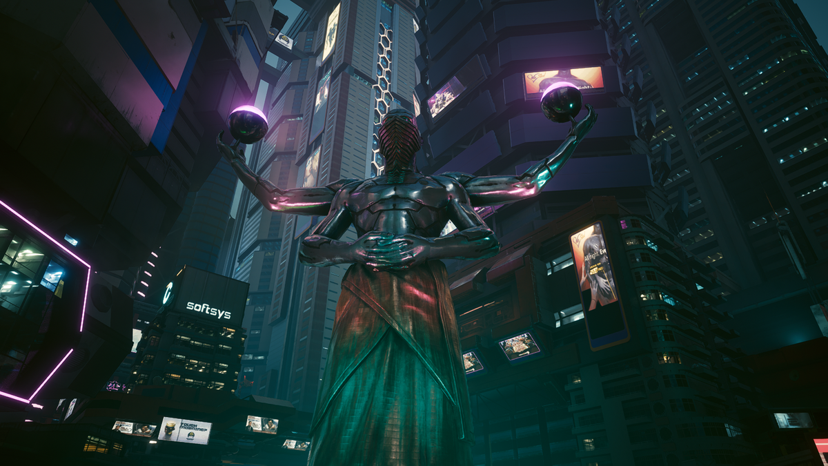 Асура или Ашура - четырёхлапый гигант из Буддизма/Индуизма. В Найт-Сити много где встречается, причём именно в таком кибернетическом виде (C) Собственный скриншот Cyberpunk 2077, CDPR