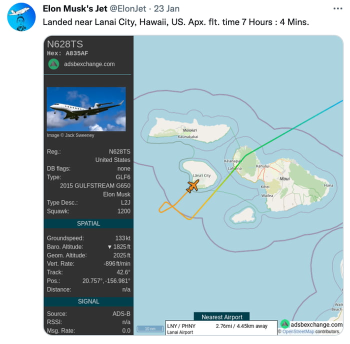    Типичная публикация @ElonJet