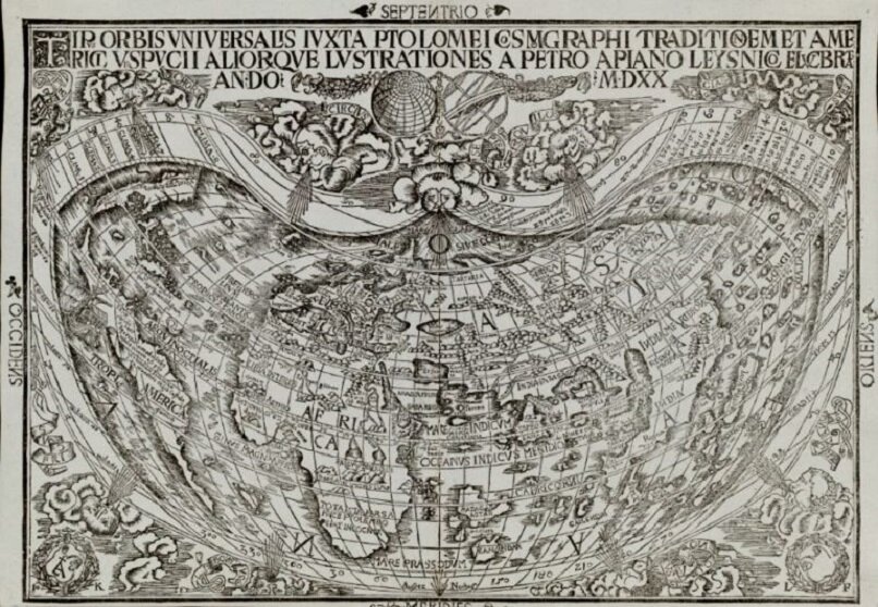 Карта Петро Апиано. Возможно 1520 год (MDXX). Одна из первых карт с названием Америка. Утверждает то, что версия принятая сейчас, правильная.