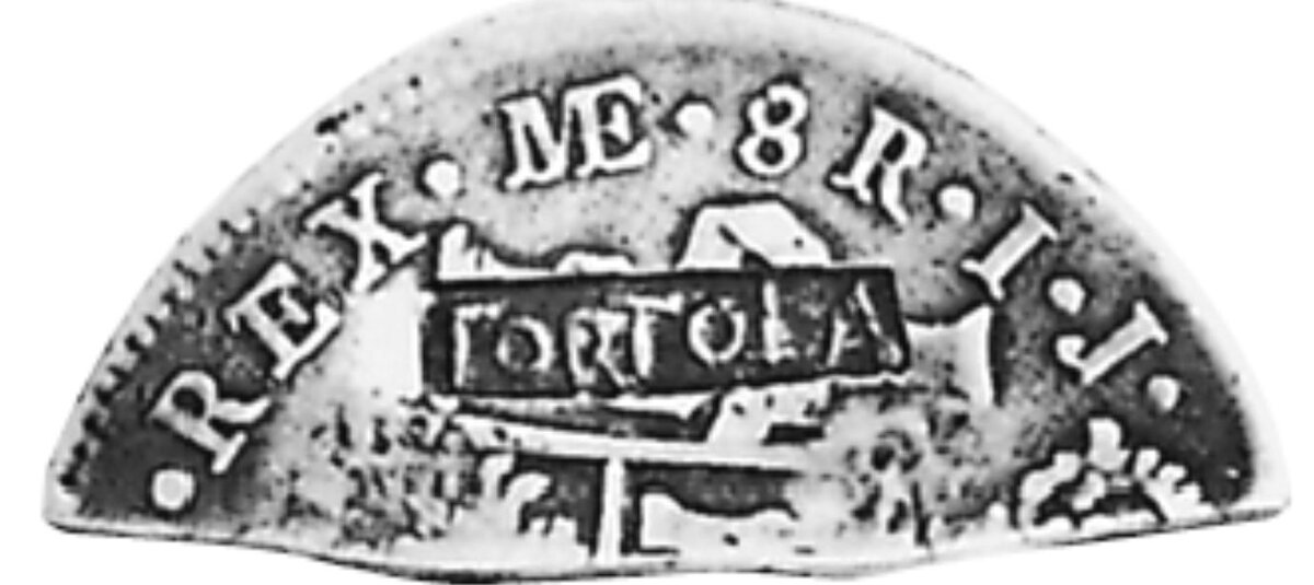 Кусок монеты испанских колоний в Америке с надчеканом "TORTOLA".