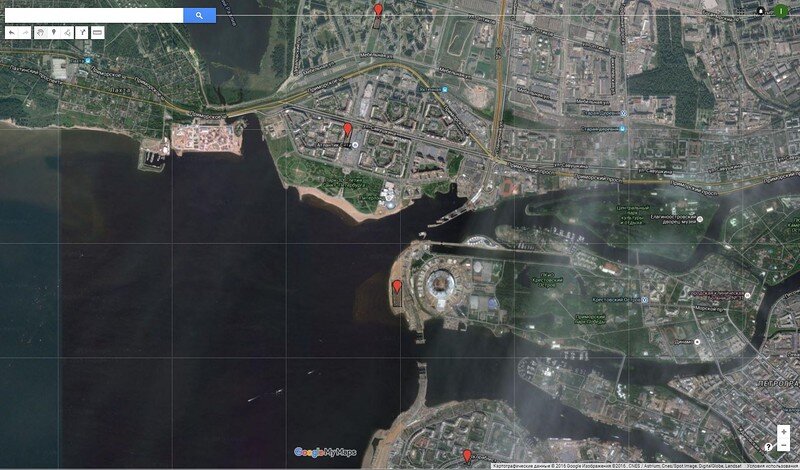 На карте отмечены строительные площадки Невско-Василеостровской лини Петербургского метрополитена, сверху вниз:
Сверху - 462 шахта. Стартовый котлован на Туристской улице.
Чуть ниже - 463 и 464 шахты. Станционный комплекс "Беговая" (Улица Савушкина").
В центре - 465 464 шахты. Станционный комплекс "Новокрестовская".
В низу - 467 шахта на ул. Кораблестроителей. Сооружение демонтажной камеры.
