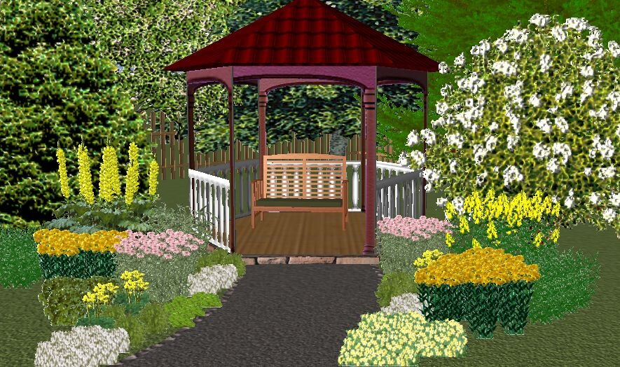 Клумба у беседки в июне
