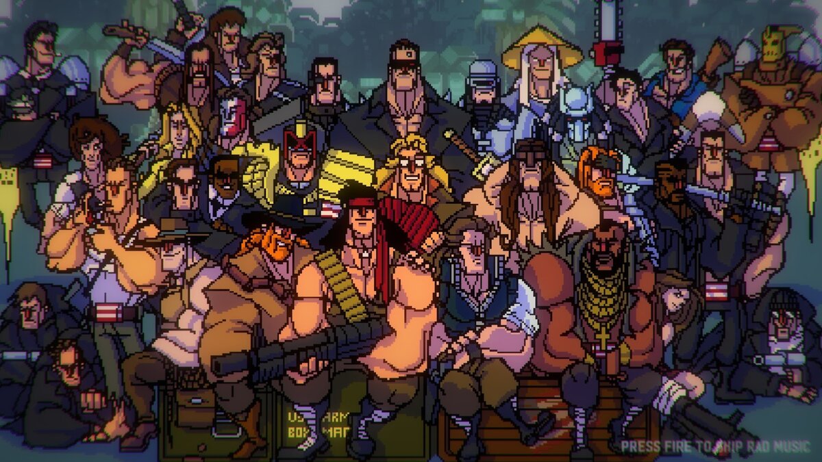 На этой картинке изображены все играбельные персонажи игры Broforce. Впечатляет, не правда ли?  Тут и Рэмбо, и Терминатор, и Робокоп, и Хищник, и Судья Дредд, и Индиана Джонс, и много кого ещё. Сможете назвать их всех не пользуясь гуглом?