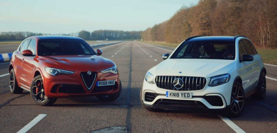 Ведущие Top Gear решили проверить, кто из высококлассных внедорожников - Alfa Romeo Stelvio QV и Mercedes-AMG GLC 63 окажется более скоростным.