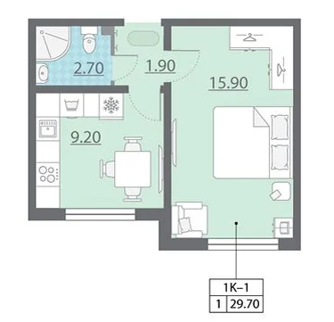 1-к квартира, 29.7 м², 1/25 эт.