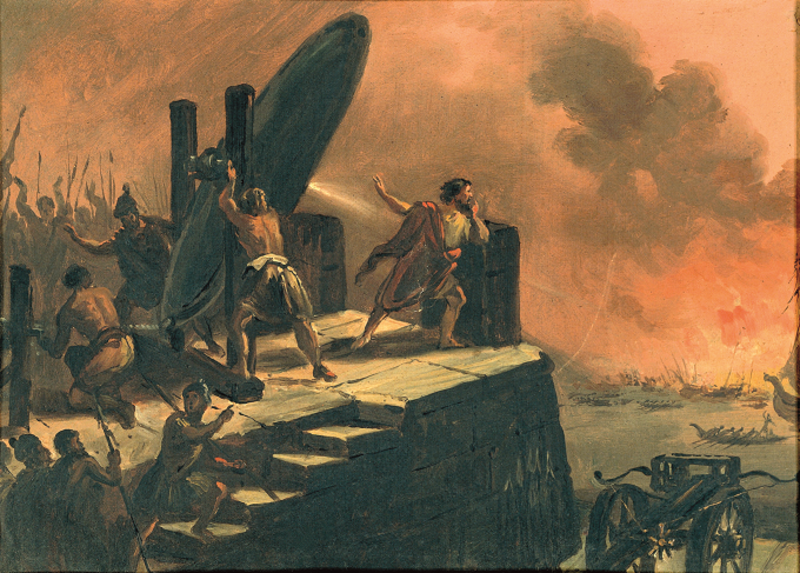 Архимед сжигает корабли римлян с помощью зеркала. Картина итальянского художника Керубино Корниенти