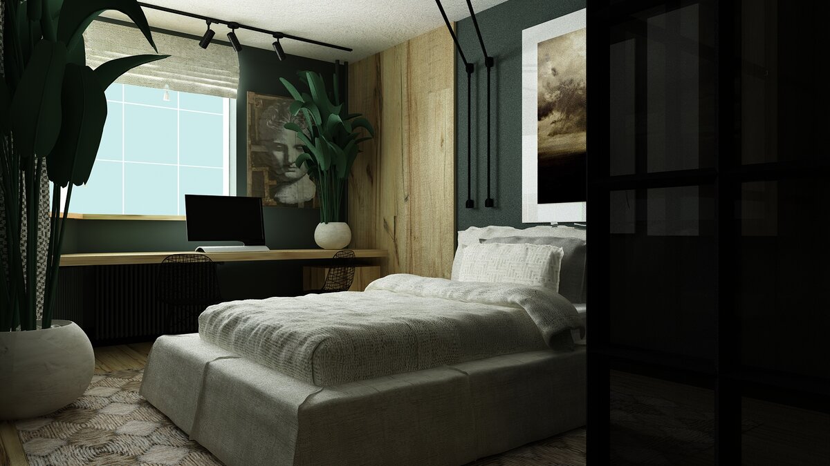 Эскизная 3д-визуализация спальни в одном из моих проектов. 
Рабочее место размещено возле окна. 
На переднем плане (справа) фрагмент стеклянной перегородки. 