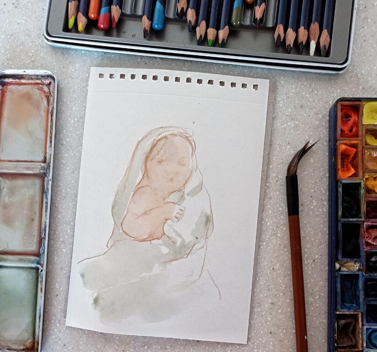 Второй этап, акварельная заливка