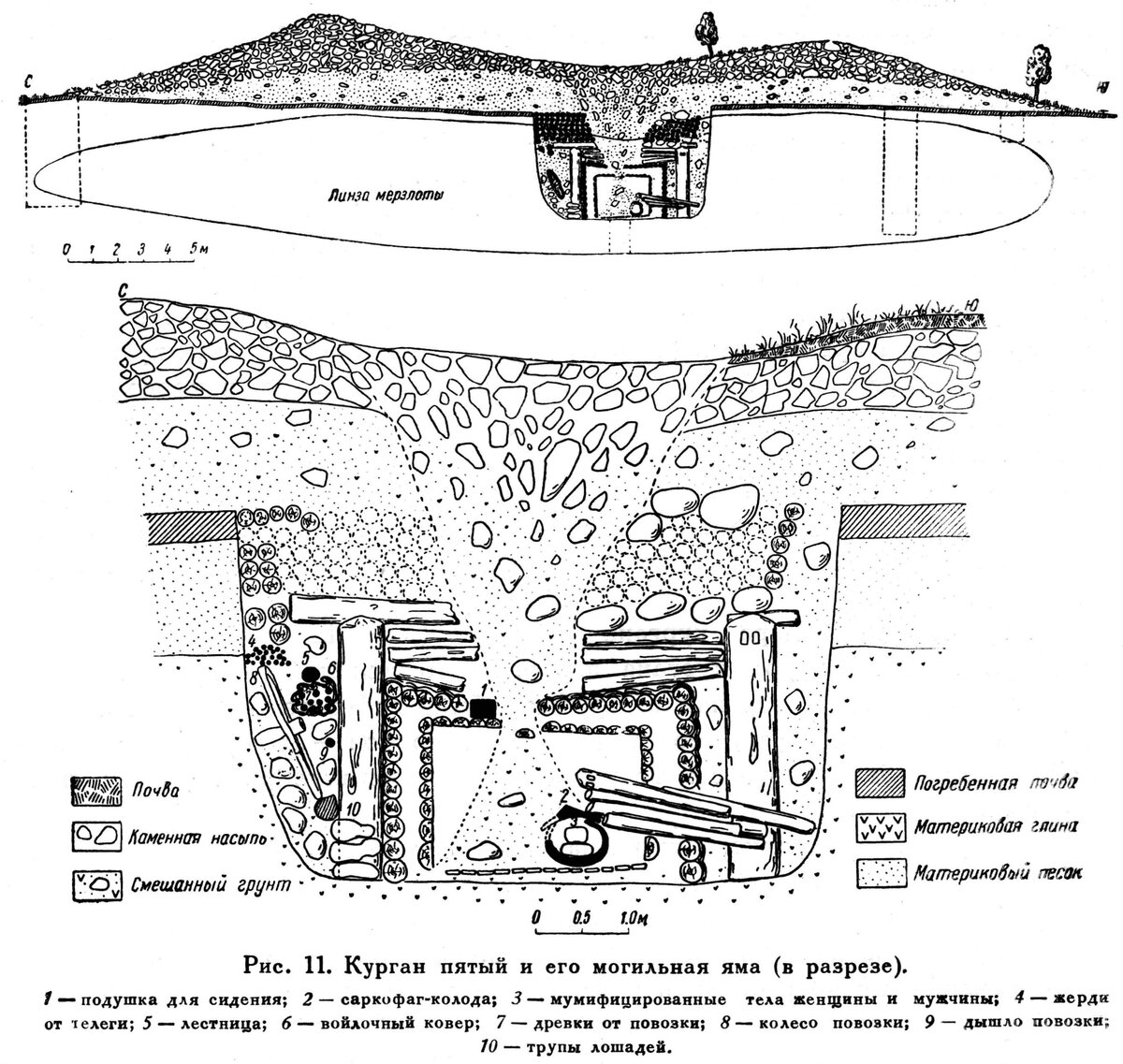 Разрез пятого Пазырыкского кургана. По центру - грабительский лаз.