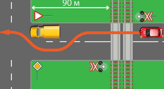  Если мы движемся по траектории красного автомобиля и перед нами железнодорожный переезд, с установленным светофором. Светофор мигает белым сигналом. Поезда нет.