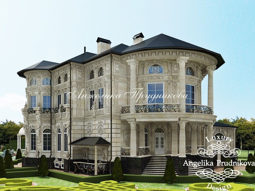 На фото: Дизайн фасада коттеджа с колоннами в итальянском стиле снаружи