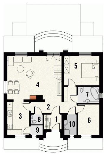 План этажа. В доме предусмотрено: 1. Прихожая, 3,2 м2; 2. Холл, 8,8 м2; 3. Кухня, 9,1 м2; 4. Гостиная, 27,6 м2; 5 и 6. Спальная комната - 13 м2 и 8,1 м2 соответственно; 7. Ванная комната - 4,5 м2; 8. Туалет, 1,4 м2; 9. Кладовая, 1,4 м2; 10. Котельная, 3,1 м2. Источник изображения: канал EvroProject, Яндекс Дзен. 