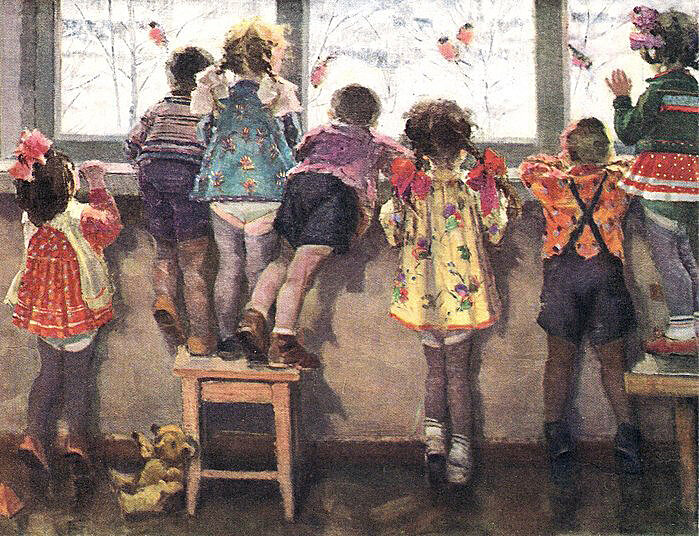 Репродукция картины Николая Ульянова «Снегири. Детский сад»