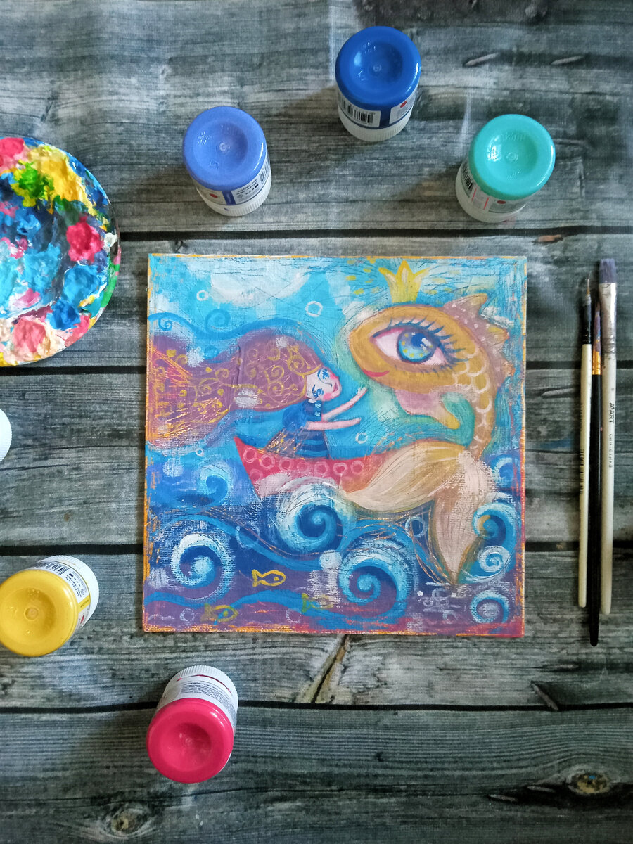 "Разговор с Золотой Рыбкой", картина #1 из серии "Моё море", 25см×25см. Акрил/холст