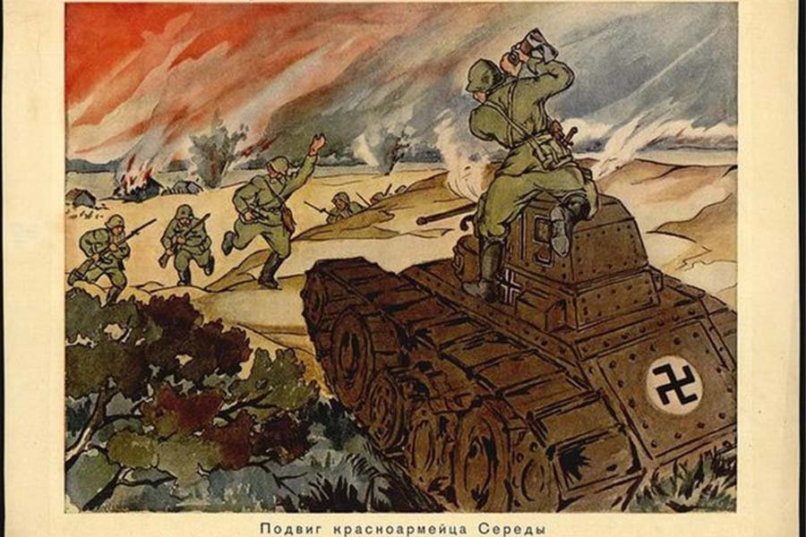 Бой повара Ивана Середы с немецким танком на пропагандистском плакате 1942 года