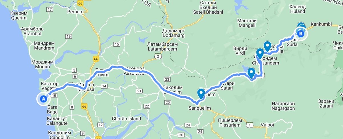 От нашего отеля в Анджуне до парковки мопедов ровно 75км.