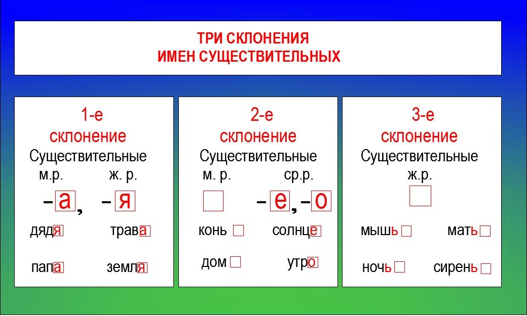Три типа склонения имён существительных. Русский язык. 4 класс. Разработка урока