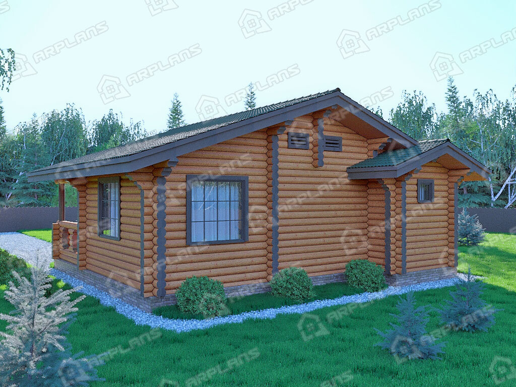 Фото 2 одноэтажной бани из бревна с комнатой отдыха и террасой. Общая площадь 64 кв м. Источник arplans.ru Проект Б-015 