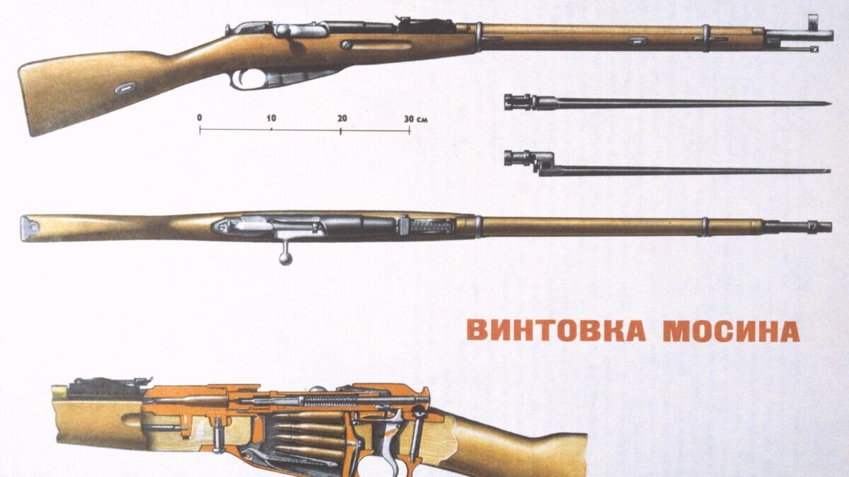    Винтовка Мосина 7,62-мм образца 1891-1930 годов. Репродукция иллюстрации из книги "Оружие Победы" издательства "Молодая гвардия", 1975 г© РИА Новости / Хоменко
