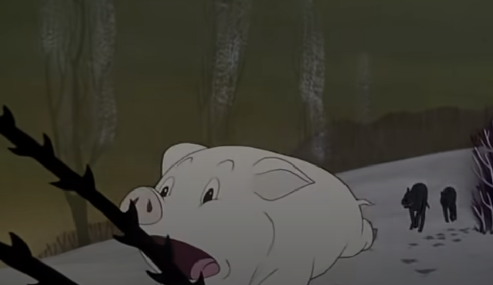 Популярный лидер Снежок бежит от псов предводителя свиней Наполеона /фото из мультика "Звероферма"