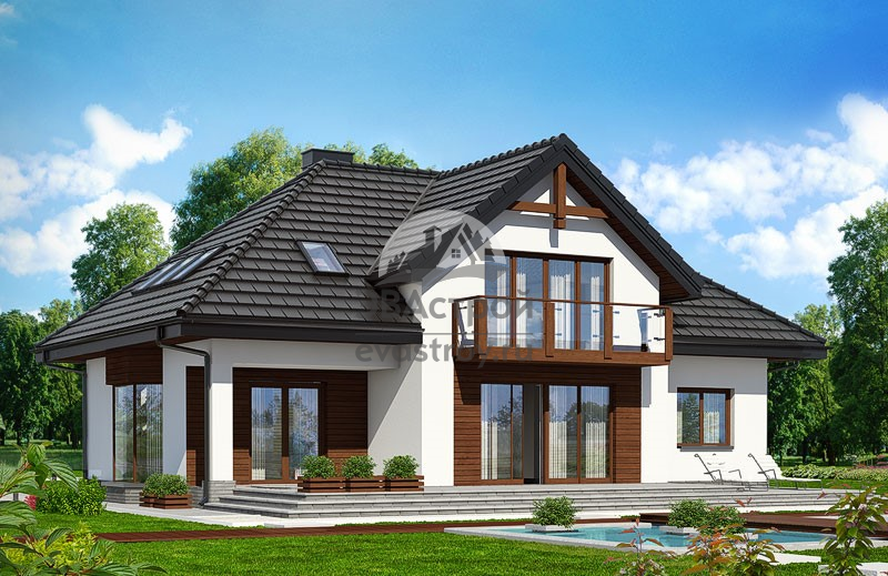 Проект дома 270 м2 с мансардой, двухместным гаражом, эркером, балконом и террасой - SK-39 