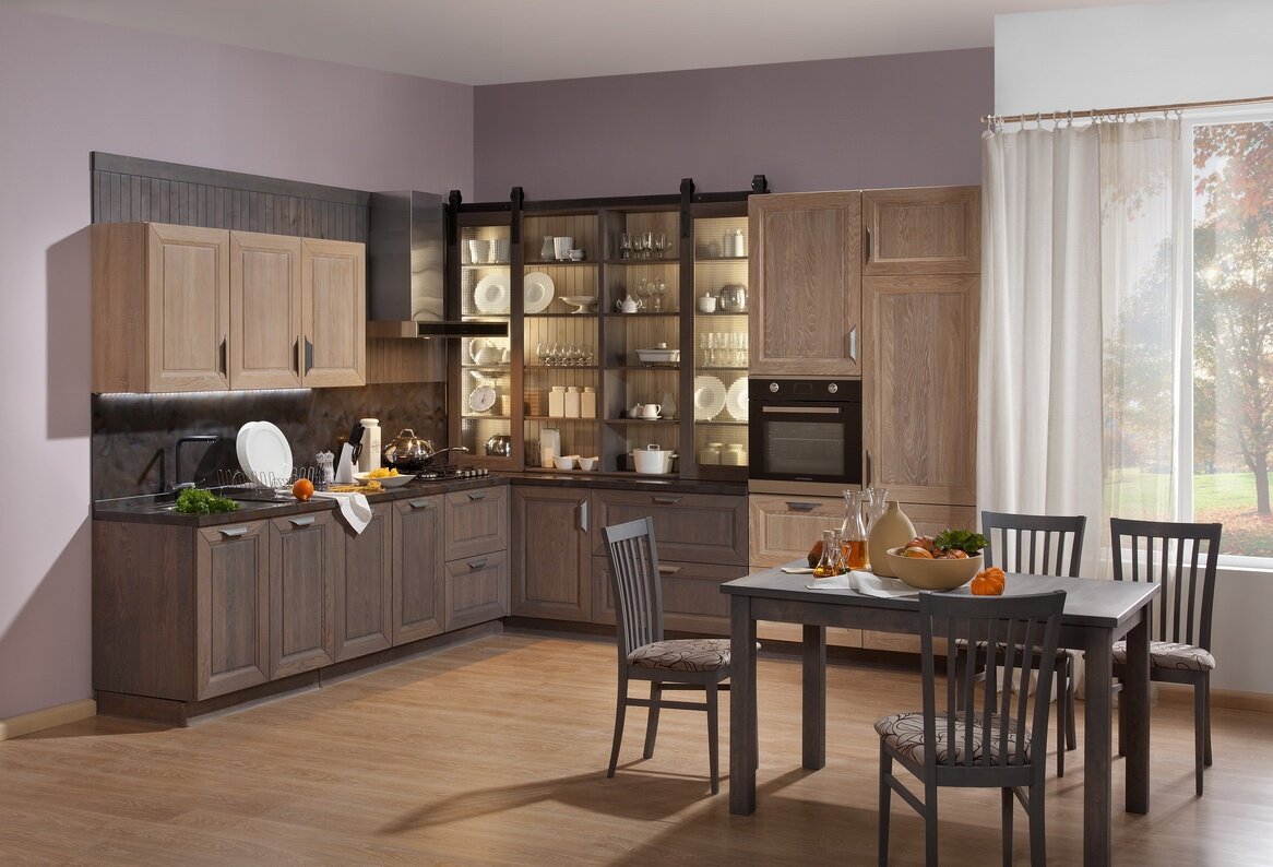 Кухонный гарнитур «Агата» из массива дуба в тоне «серое небо»