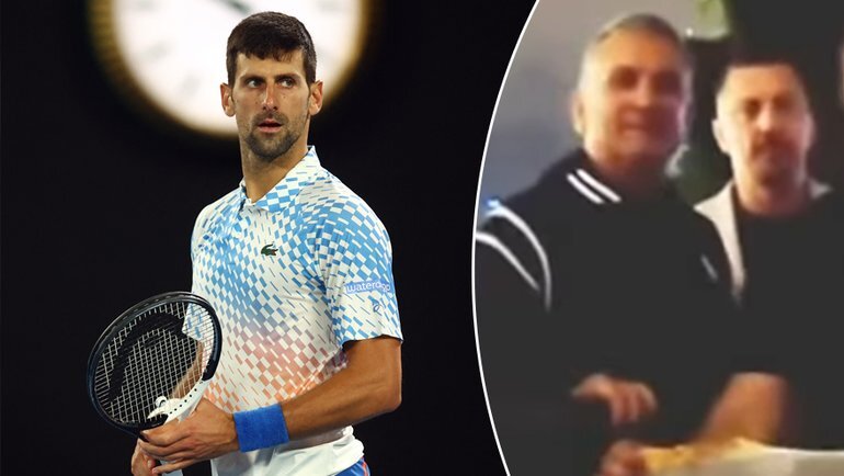    Новак Джокович и его отец Срджан с фанатом.