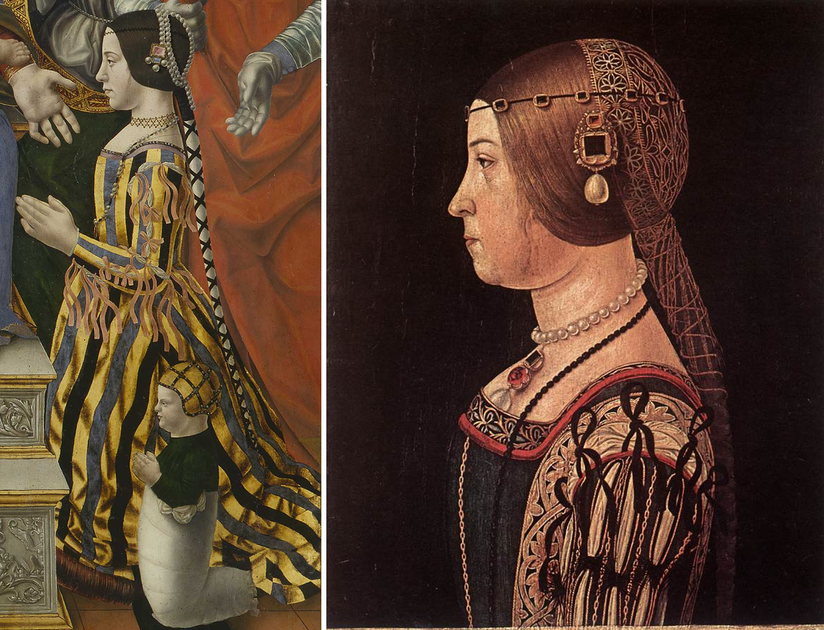 Слева - деталь алтаря Сфорца, ок. 1494, (с) из коллекции Пинакотеки Брера. Справа - "Портрет молодой женщины", предположительно, Барбары Палавиччино или Беатриче д'Эсте, Алессандро Аральди, 1490-1510, (с) з коллекции галереи Уффици,