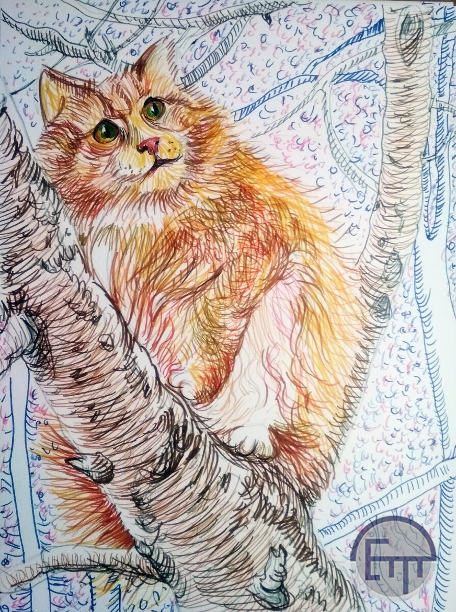 Елена Тюрина. Рыжий кот на дереве . 2021 г. Фломастеры.