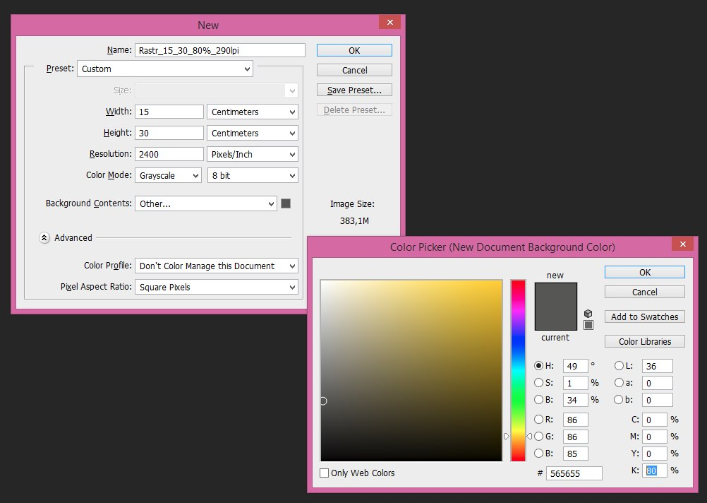 Иллюстрация 1. Создание документа для растровой сетки с заданными параметрами в Adobe Photoshop