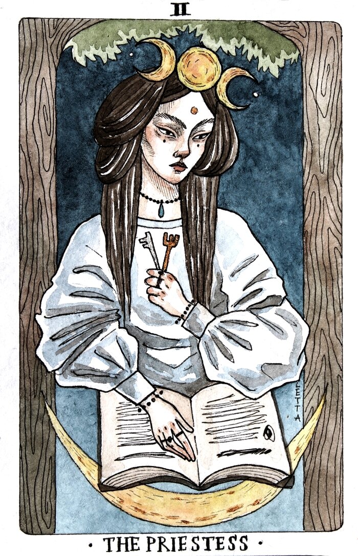 Второй Старший Аркан выглядит следующим образом: на троне, расположенном между белой и чёрной колоннами, сидит женщина среднего возраста. Каждая из колонн имеет свое символическое значение — белая олицетворяет Солнце, а чёрная Луну.