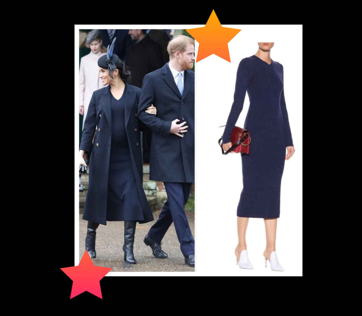 слева- Меган, справа - платье от Виктории Бэкхем , которое Меган «забыла» оплатить