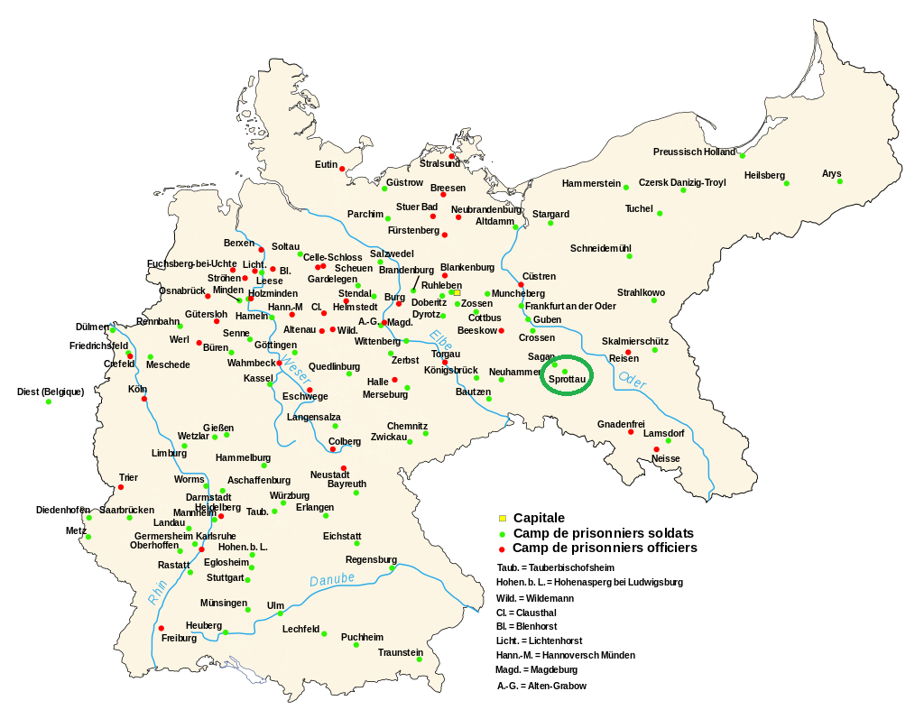 Карта лагерей военнопленных в Германии в годы первой мировой войны. ист. Википедия. Кружком я обозначил Шпроттау. Зелеными точками обозначены солдатские лагеря, красными - офицерские. Лагерь Шпроттау носил также пересыльный характер. 
