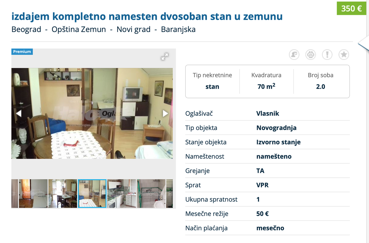 Двухкомнатная квартира (70 кв. м) в Белграде за 350 евро в месяц