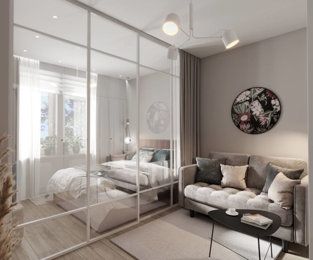 Нейтральные цвета и мягкие акценты. Со вкусом оформленная квартира 40 кв.м.