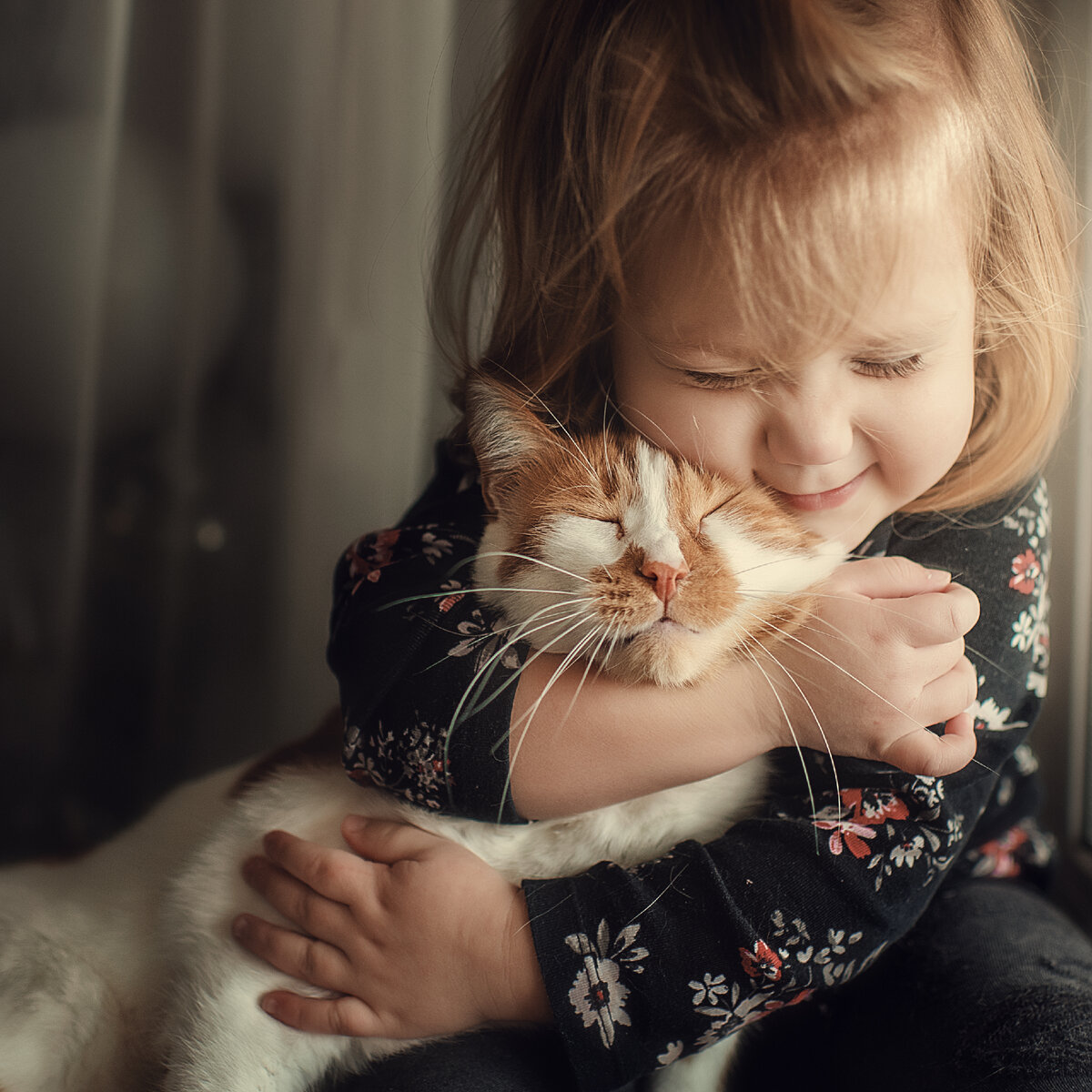 Ребенок обнимает кота