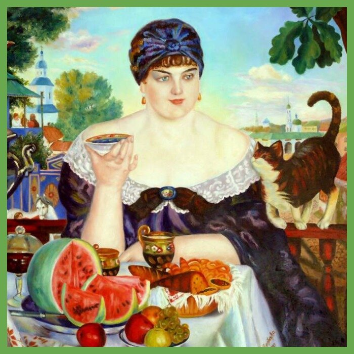 Великолепная купчиха за чаем. Фрагмент картины Б.М. Кустодиева