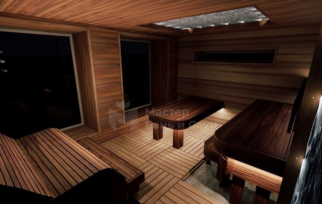 Стены возле окна и рядом с анатомическим диваном выполнены из Новозеландской термососны. Фото © Мастер Бань и Саун 