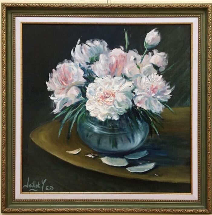2. Работа Ива Франсуа Ги Жайо. Ваза с пионами. Дерево, масло 40/40см, июнь 2020 г. Изображение из аккаунта художника в Инстаграм @yves63_art 
