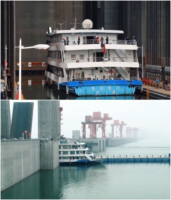 Сорок минут и суда могут продолжать движение по маршруту несмотря на то, что на пути оказалась плотина (Хубэй, Китай).