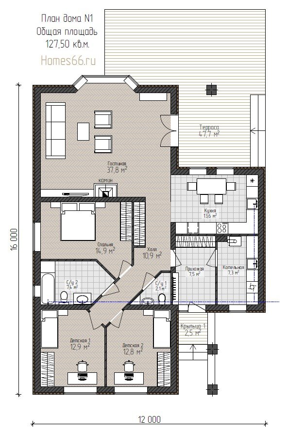 Планировка одноэтажного дома с гардеробной и двумя спальнями