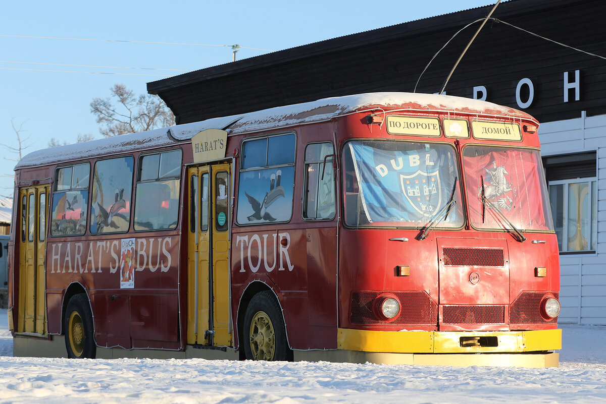 ЛиАЗ-677 1979 года. Раньше обитал в Иркутске, путешествовал в вечернее время между пабами Harat’s
