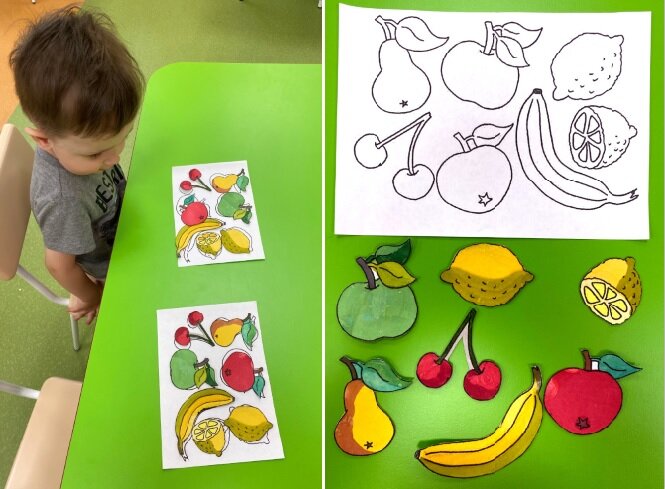Ребенок разложил фрукты. По моей просьбе, он озвучивал, какой фрукт взял.