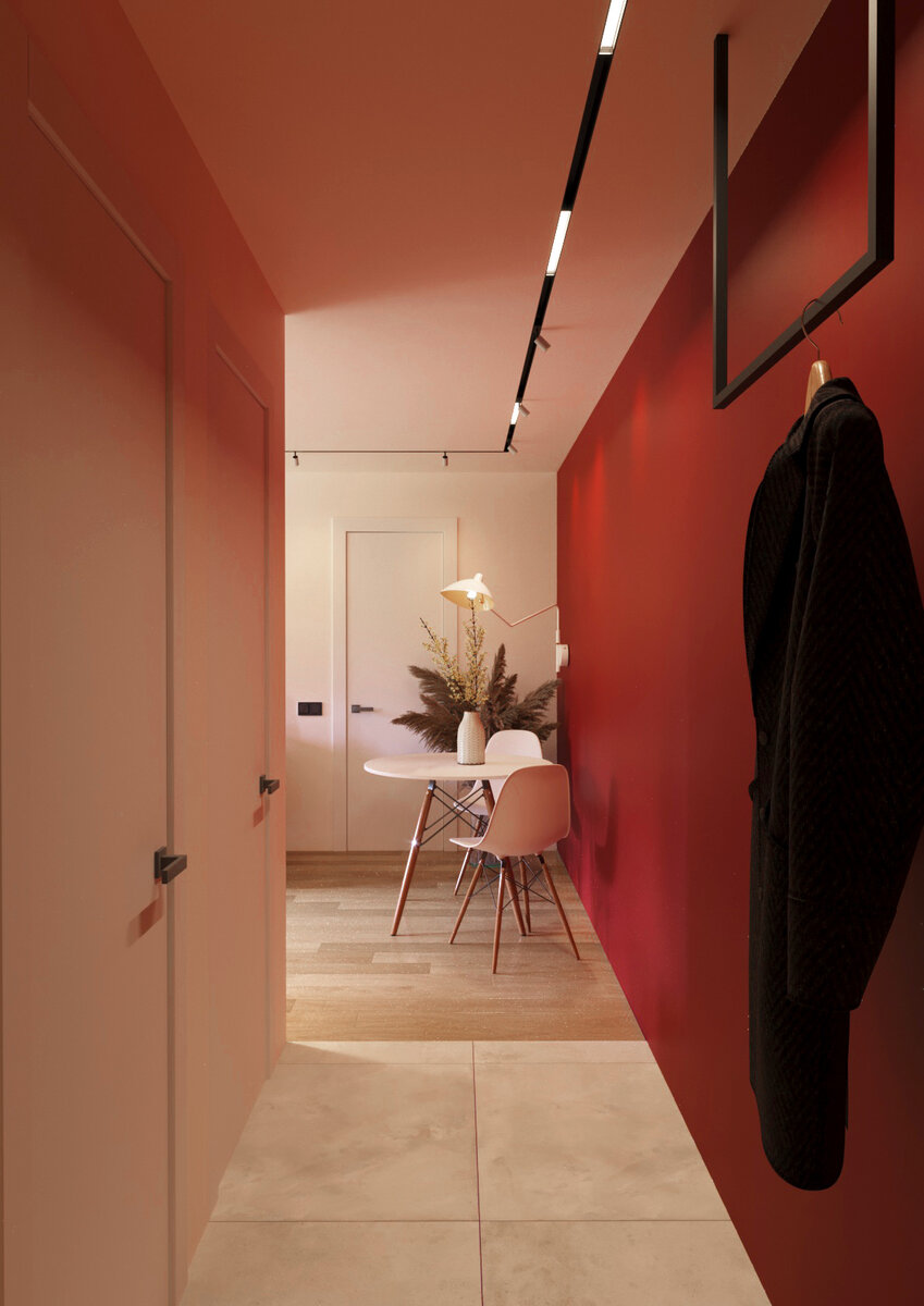 Прихожая, вариант с красными стенами. Листай далее