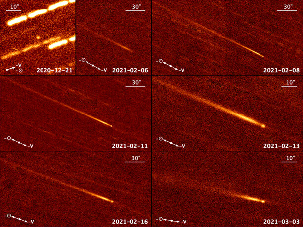 Изображения 323P, полученные телескопами «Субару» (первый снимок), CFHT (2, 3 и 4 снимки), LDT (пятый снимок) и «Джемини-Север» (шестой и седьмой снимки).