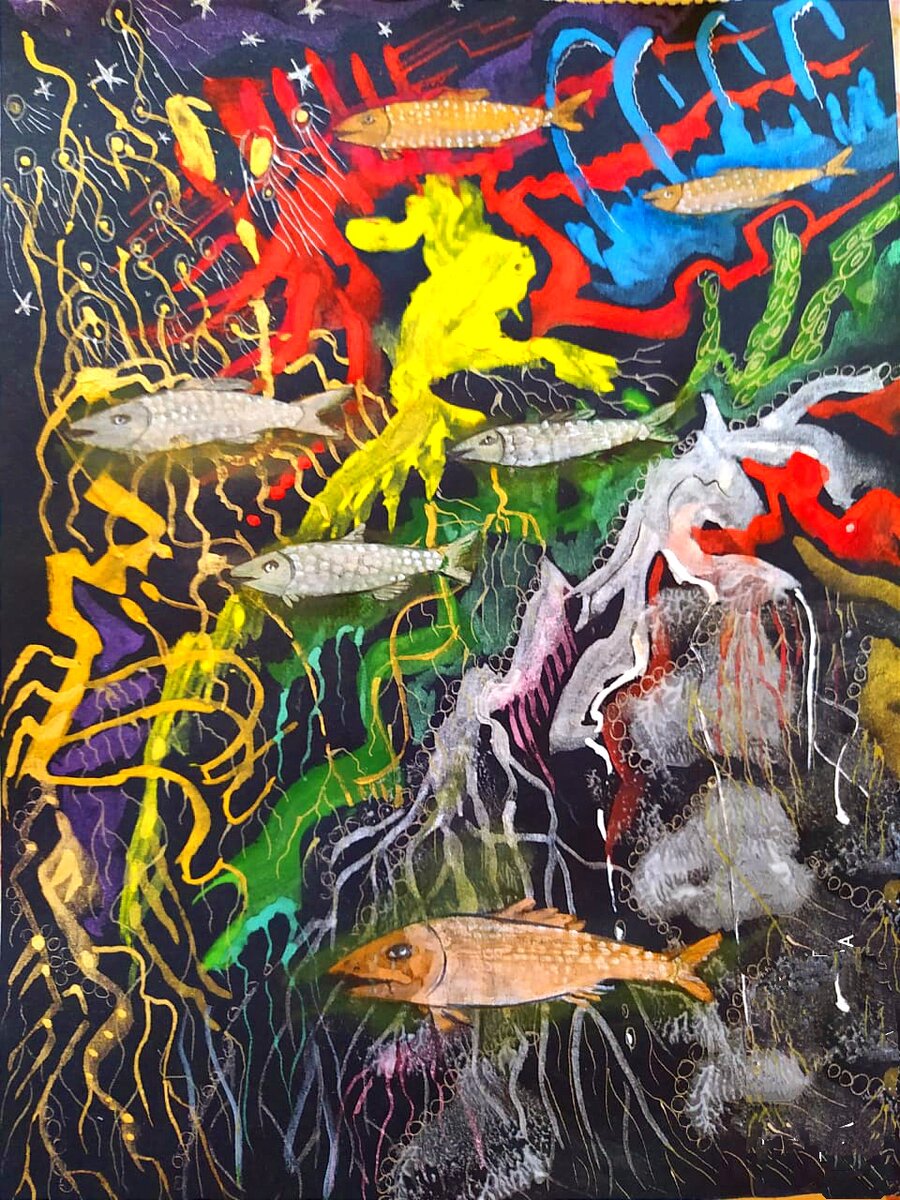 Гуашь./Это лишь миг того,что мы не видим ...🐟🦈🌊☄️