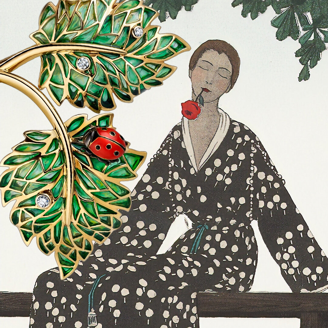 Брошь "Березовый лист", ювелирный дом RODIS, золото 585 пробы, бриллианты, серебро, эмаль. Цена по запросу